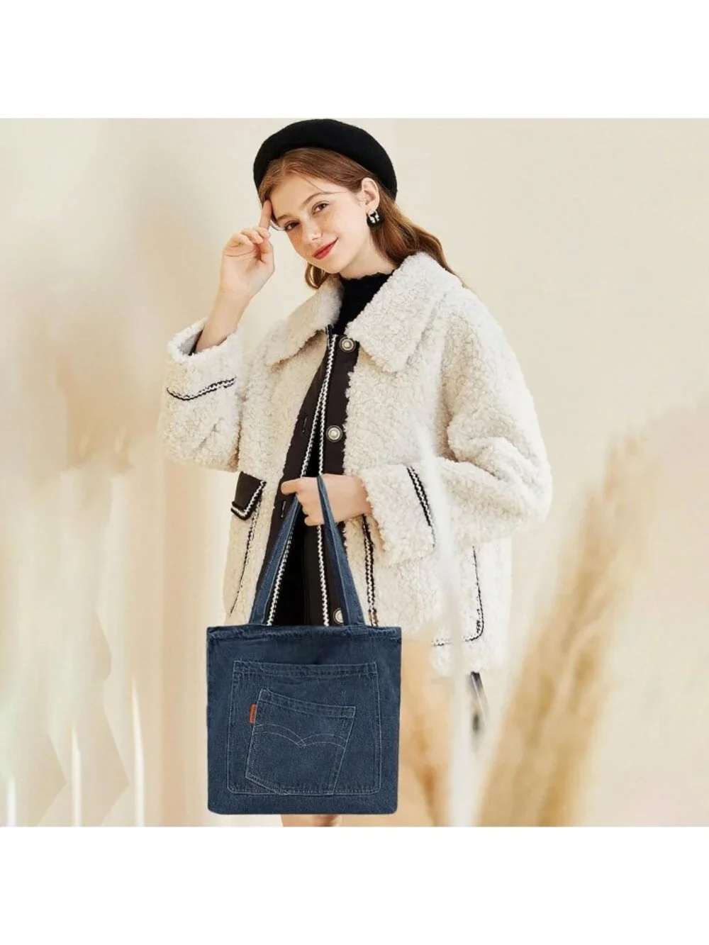 Large Retro Denim Tote Bag for Work, Travel, College - Stylish Canvas Shoulder